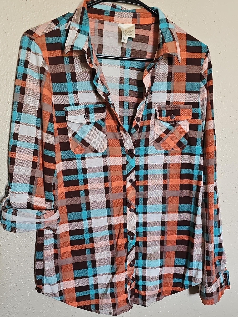 Plaid Button-Up Shirt in Turquoise, Coral & Brown